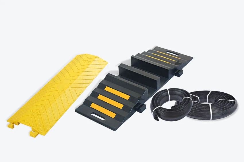 Three types of cable protectors including PU drop over cable protector, hose ramp and floor cable covers, used for cable management