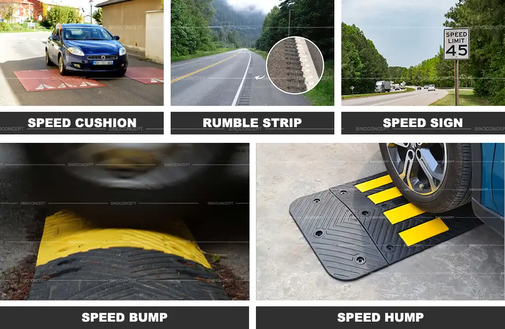 A pair of red speed cushions, rumble stripes, a speed limit sign, a black and yellow speed bump, and a black speed hump with yellow reflective films.