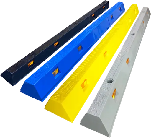Ultimate black, blue, yellow and gray wheel stops for car parking management.