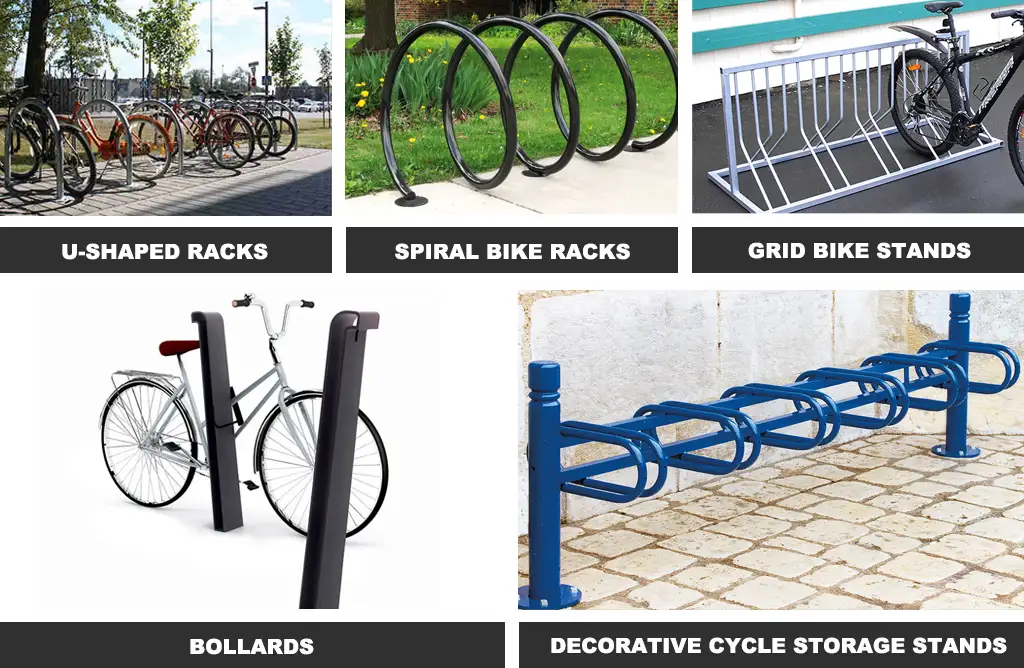 U-shaped cycle racks, black spiral bike racks, grid style bike stands, bollard style cycle stands, and blue decorative cycle storage stands.