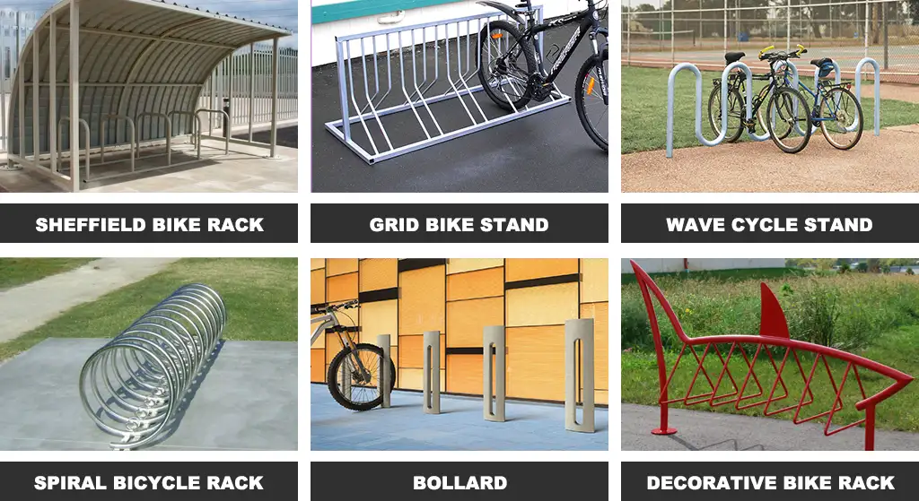 Sheffield bike racks, grid style bike stands, wave cycle stands, spiral bicycle racks bollard style cycle stands, and decorative bike racks.