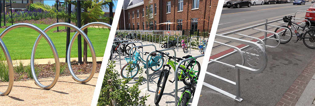 Various cycle racks, including loop cycle racks, and Sheffield cycle stands.