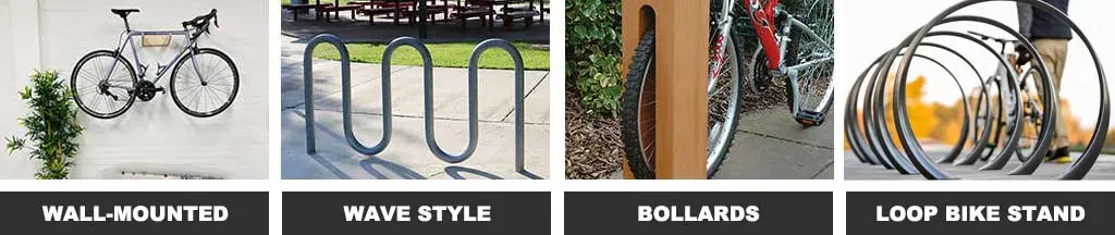 A wall-mounted cycle rack with a bike hanging on it, a wave style cycle stand, a bollard for bike parking, and a loop bike rack.