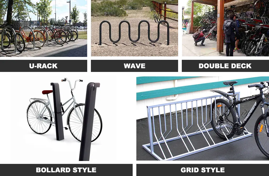 U cycle rack, wave style cycle rack, double-deck cycle rack, bollard style bike stand, and grid-style bike stand used for bike parking.