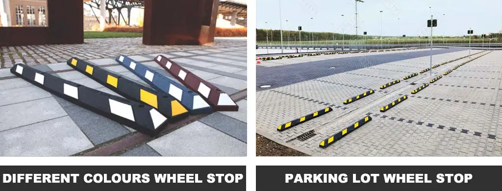 Black, blue, red parking stops with white or yellow reflective films.