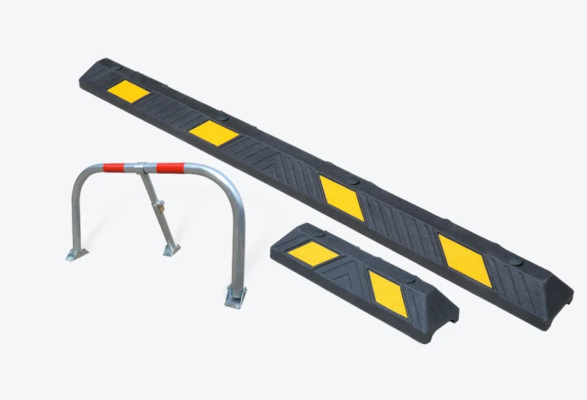 Rubber wheel stops with yellow glass bead reflective tapes and lockable parking barrier, used for car park safety purpose