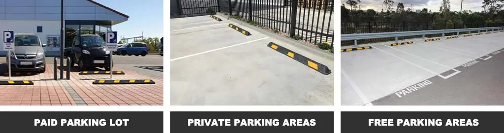 Black and yellow wheel stops in paid parking lot, private parking area, and free parking area.